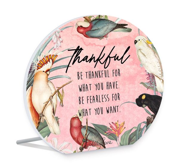 French Country Parrots Pink Thankful Round Wooden Standing Sign