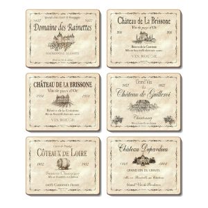 Country Kitchen Wine Labels Cinnamon Cork Backed Drink Coasters Set 6