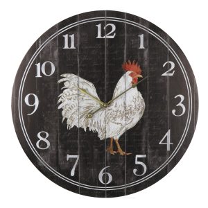 French Country Retro Wall Clock White Chook on Black 60cm 56011CLK