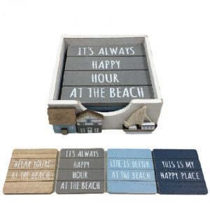 Country Kitchen Wooden Coasters Beach Set 4 with Holder CT137