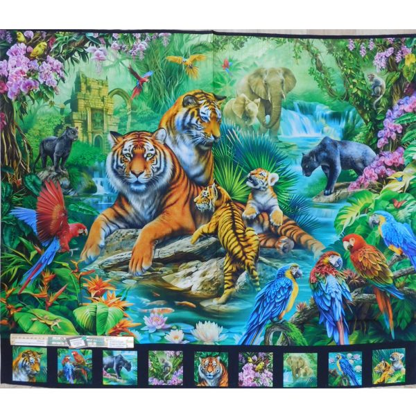 Patchwork Quilting Sewing Fabric Jungle Paradise Tiger Panel 91x110cm
