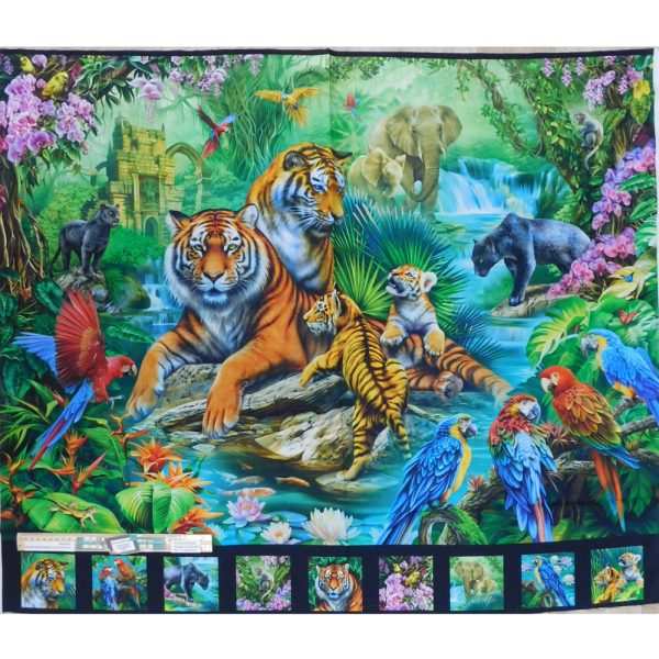 Patchwork Quilting Sewing Fabric Jungle Paradise Tiger Panel 91x110cm