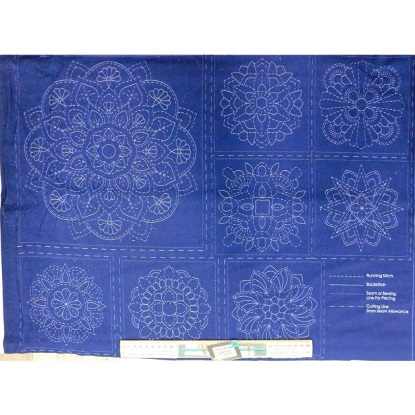 Patchwork Quilting Sewing Fabric Sashiko Mandala Navy Panel 50x110cm