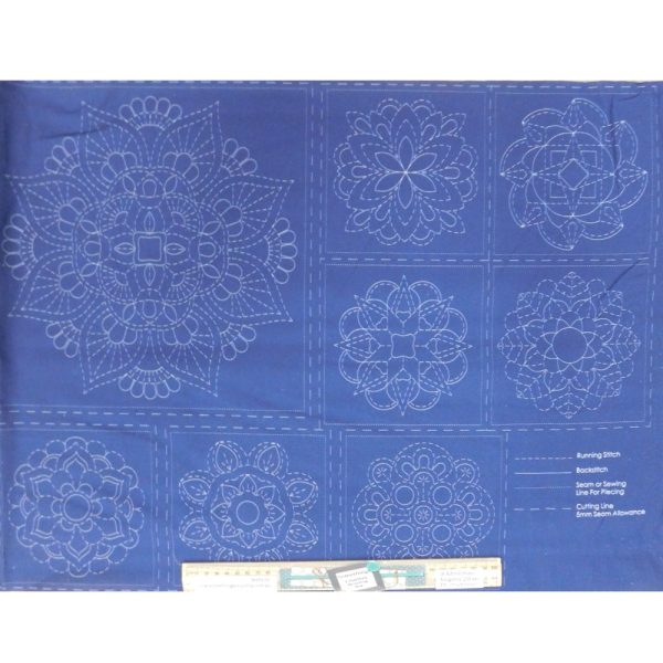 Patchwork Quilting Sewing Fabric Sashiko Mandala Navy Panel 50x110cm
