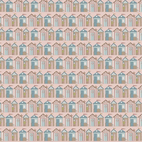 Quilting Patchwork Fabric Sunkissed Sojourn Beach Huts Pink 50x55cm FQ