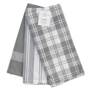 Country Modern Tea Towels Grey Cotton Set 3 Dish Cloths