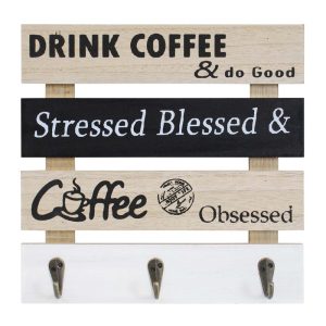 Country Wooden Plaque Drink Coffee with Hooks Sign