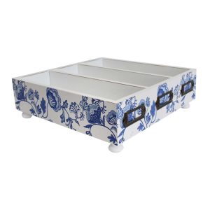 French Country Blue and White Cutlery Box Wooden Holder