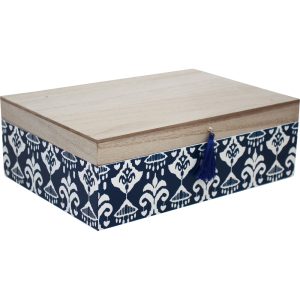 Country Home Wooden Box Blue Patterned Base Hinged Lid