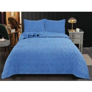 French Country Patchwork Bed Quilt Blue Perennial Stonewash Coverlet Throw
