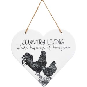 Ceramic Heart Country Living Hanging Sign Roosters