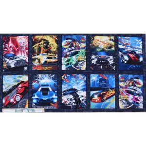 Patchwork Quilting Sewing Fabric Fast & Wild Cars Sqaures Panel 60x110cm
