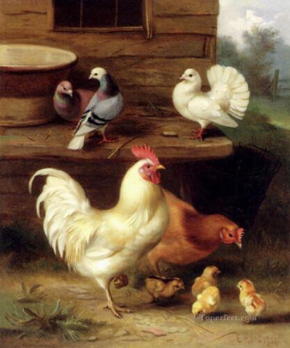 5-A-Cockerel-Hen-And-Chicks-With-Pigeons-farm-animals-Edgar-Hunt - Copy